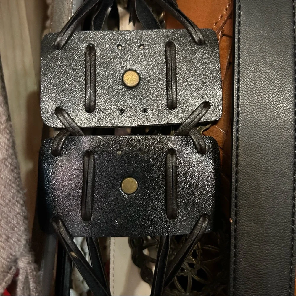 Leather Belt Tie Chord Antique Brass Finish Inlay Boho Chic Tribal Dark Brown